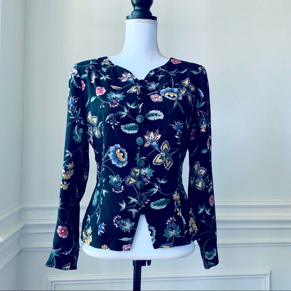 VINTAGE LIZ CLAIBORNE LONG SLEEVE FLORAL BLAZER TOP - Picture 1 of 15